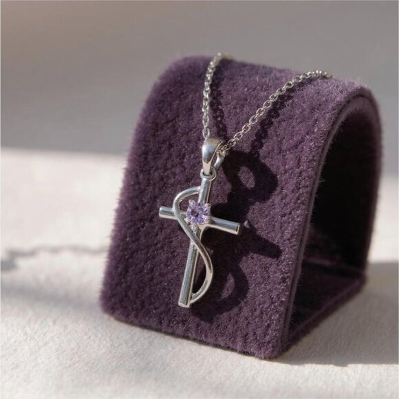 Sterling Silver Cross Pendant Necklace – Purple Amethyst Gemstone 18" Chain - Picture 3 of 8